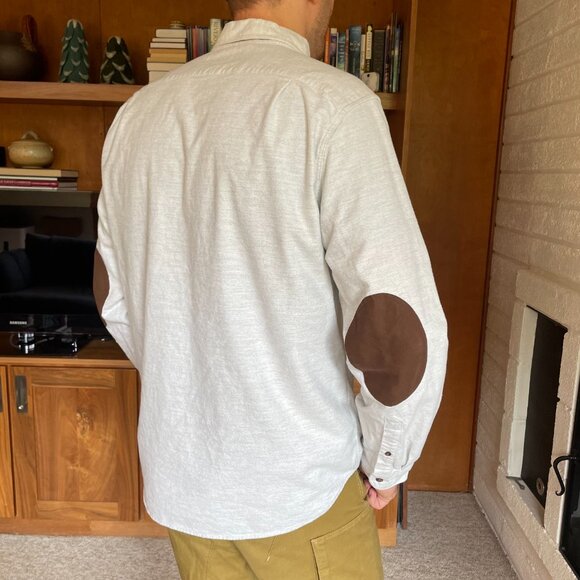 J Crew Shirt Men Large Light Gray Flannel Leather Elbow Patches - Picture 5 of 8